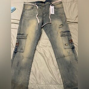 THRT Varsity Distressed Cargo Jeans in Light Wash